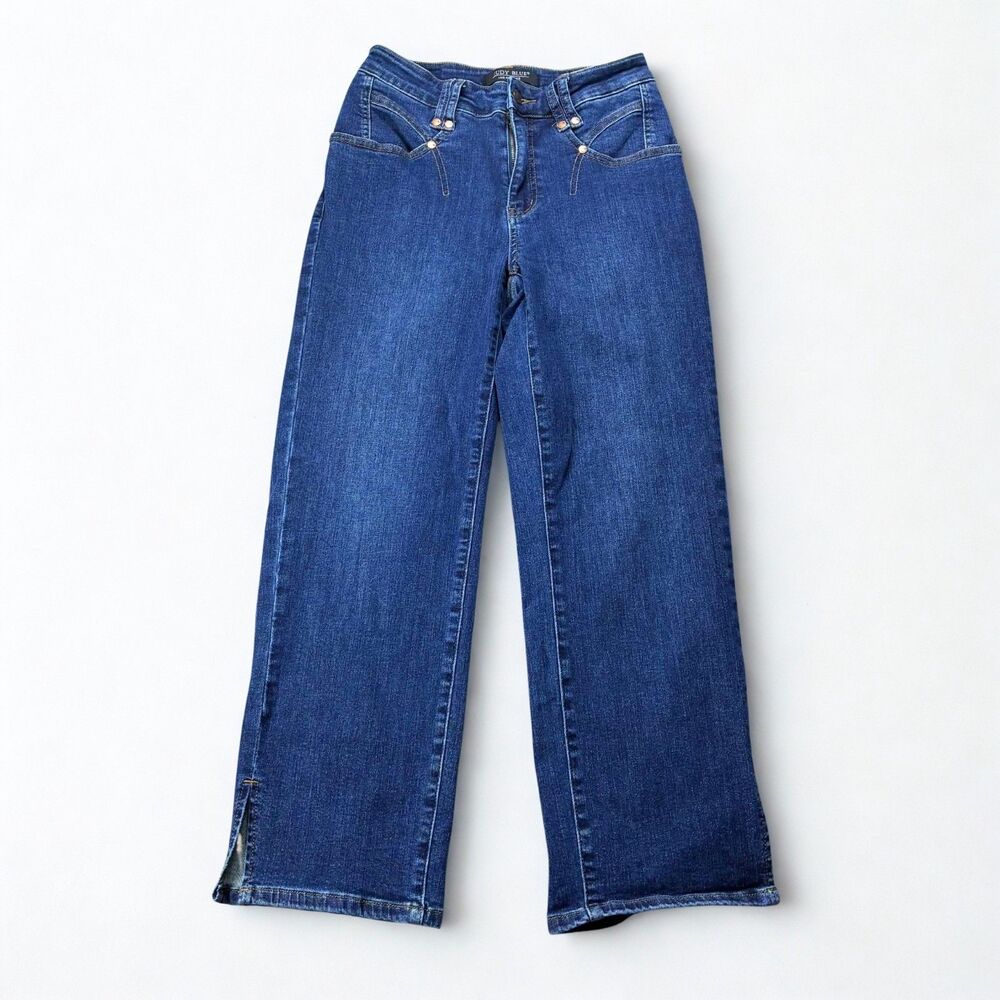 Judy Blue Straight Leg Jeans Womens 5 27 Dark Wash Stretch Ankle Slit Denim